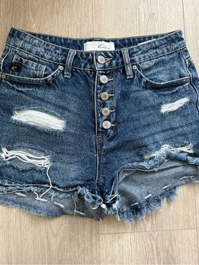 KanCan Medium Blue Distressed High-Rise Button-Fly Jean Shorts